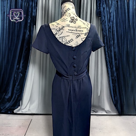 Vintage 90s Old Hollywood Jim Hjelm Formal Navy Blue Maxi Dress, 8 - Picture 2 of 8